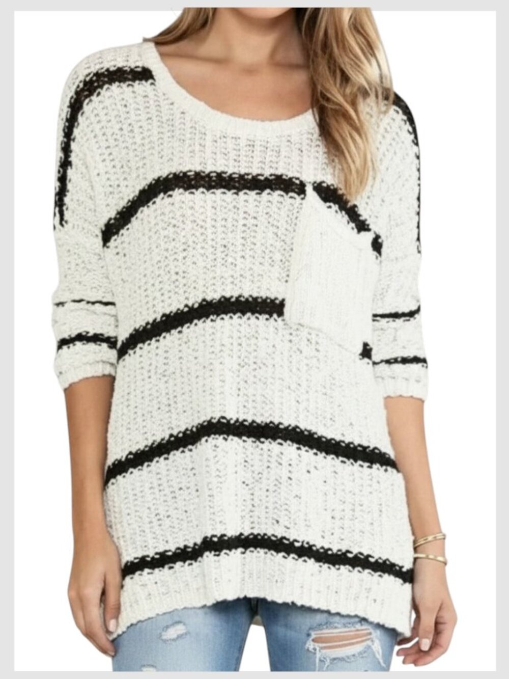 Free People Oversized Striped Cotton Tunic Sweater Cream Black S